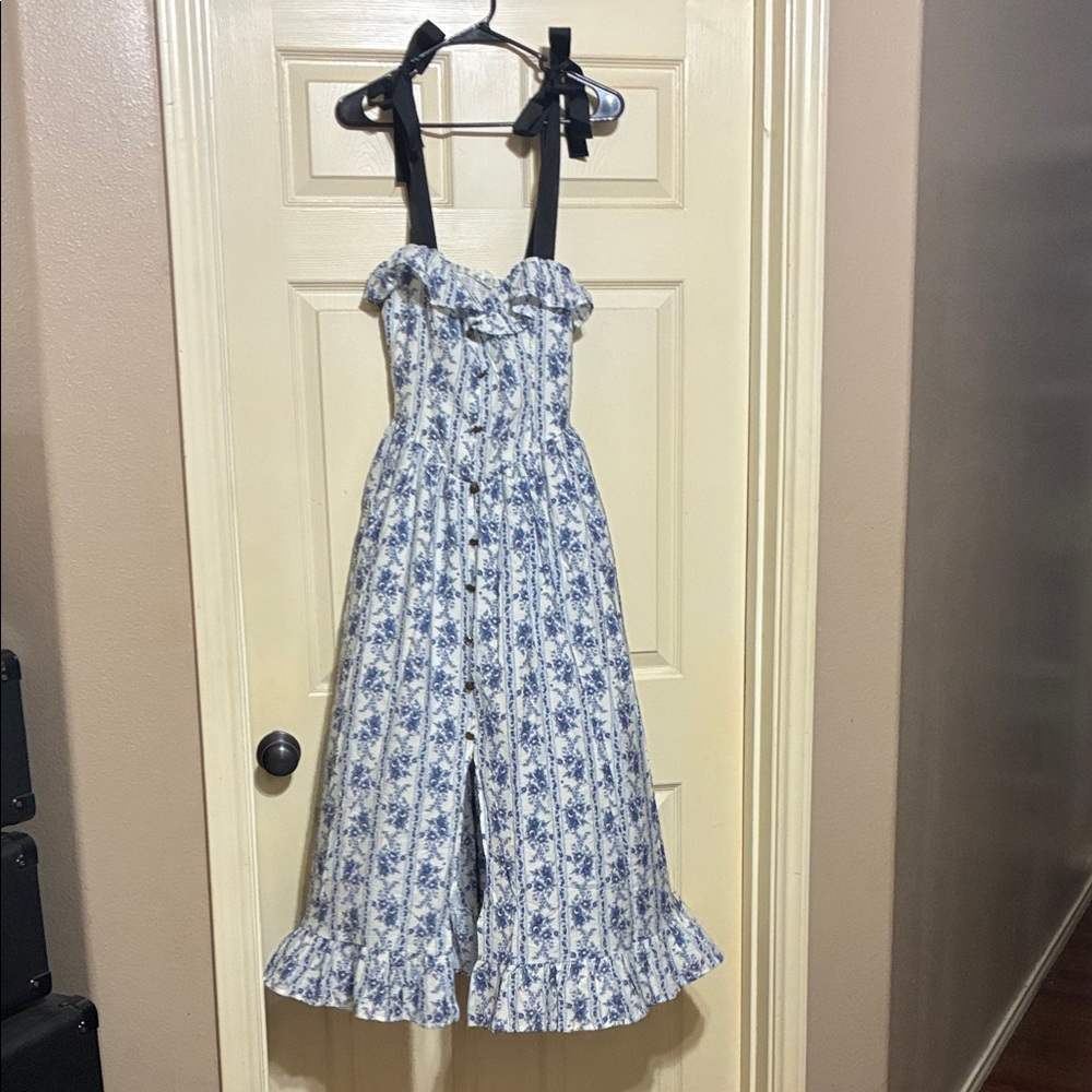 Floral Blue and White Dress with Black Straps